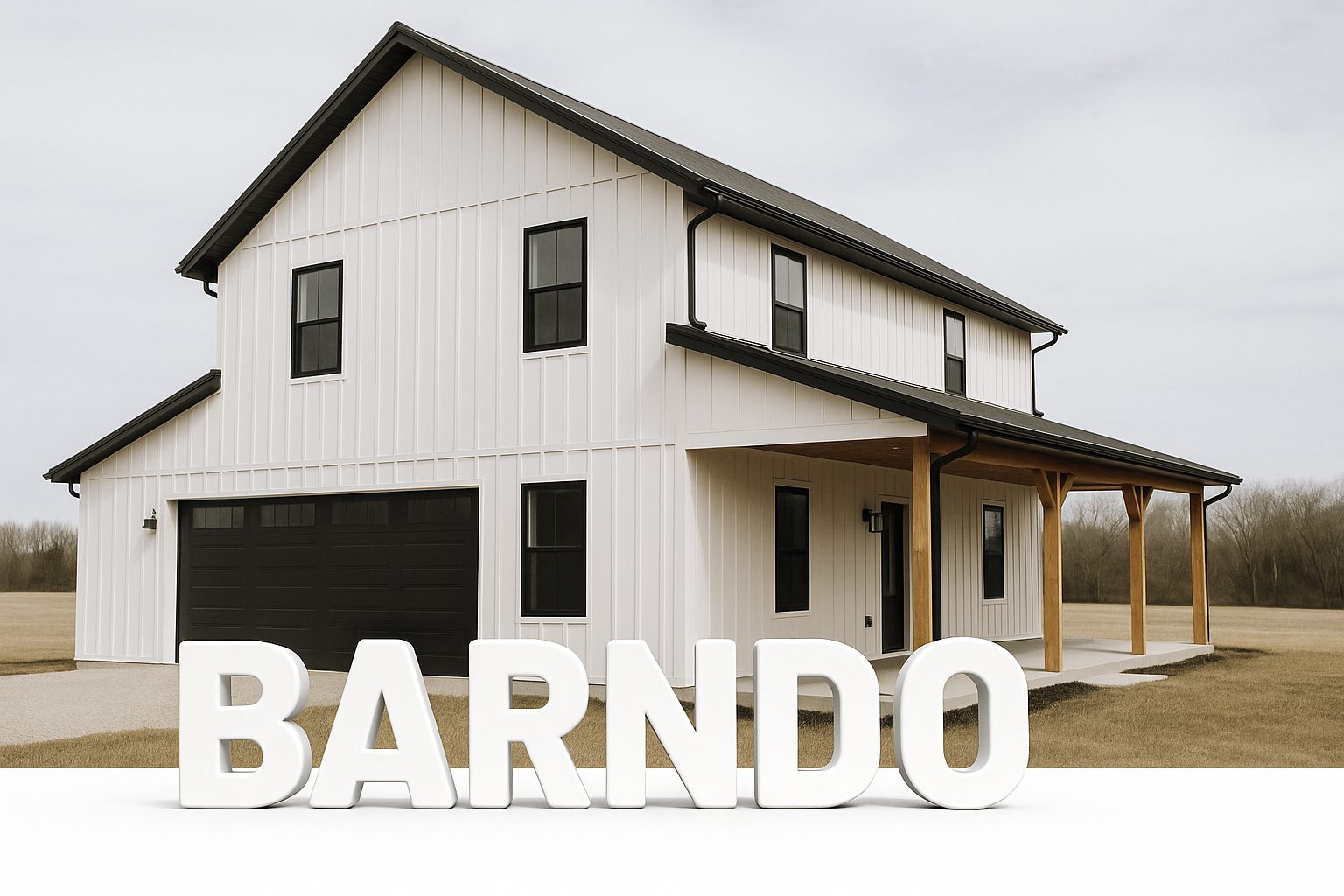 Modern barndominium home with metal siding, large porch, and open land